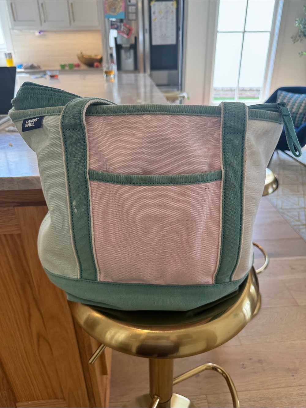 Lands' End Green, Pink & White Canvas Tote-needs a good cleaning - Picture 2 of 2